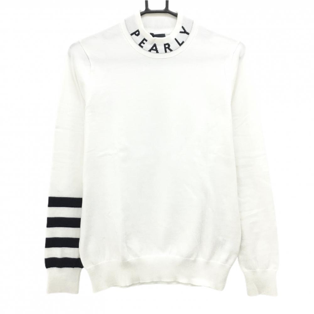 【美品】パーリーゲイツ ハイネックセーター 白×黒 ネックロゴ コットン混 ニット  レディース 1(M) ゴルフウェア PEARLY GATES