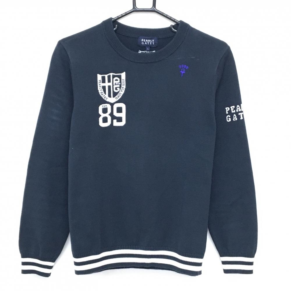 パーリーゲイツ セーター ネイビー×白 袖口・裾ライン コットン100％ ニット  レディース 1(M) ゴルフウェア PEARLY GATES