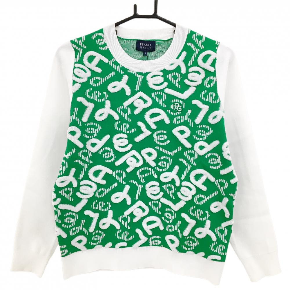 【新品】パーリーゲイツ セーター グリーン×白 身頃凸凹総柄 ロゴ刺しゅう レディース 1(M) ゴルフウェア PEARLY GATES