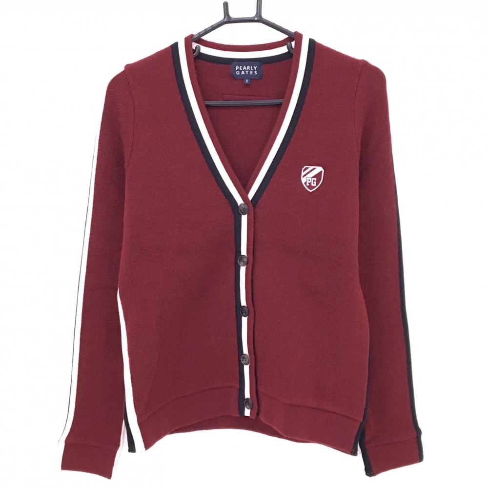 【美品】パーリーゲイツ ニットカーディガン ボルドー×白 ウール混 Vネック  レディース 0(S) ゴルフウェア PEARLY GATES