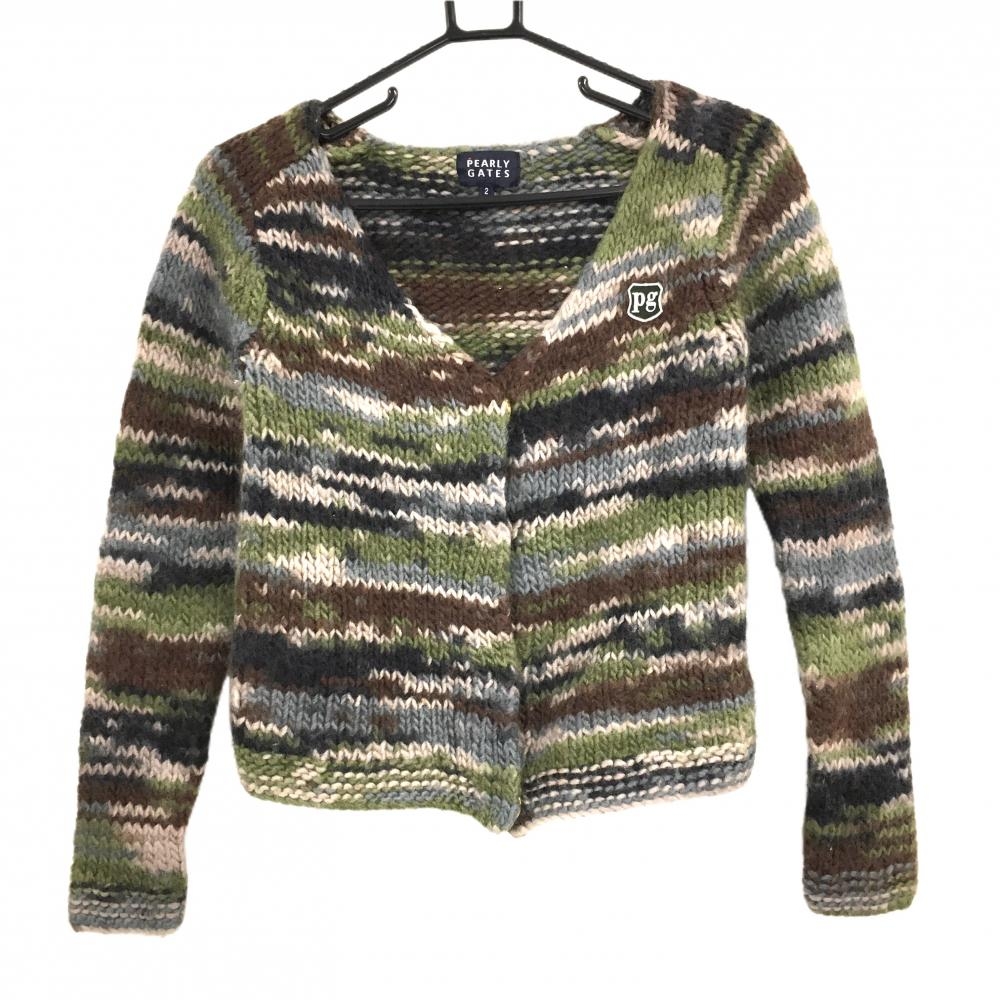 【美品】パーリーゲイツ ニットカーディガン ダークグリーン×ブラウン×黒  レディース 2(L) ゴルフウェア PEARLY GATES