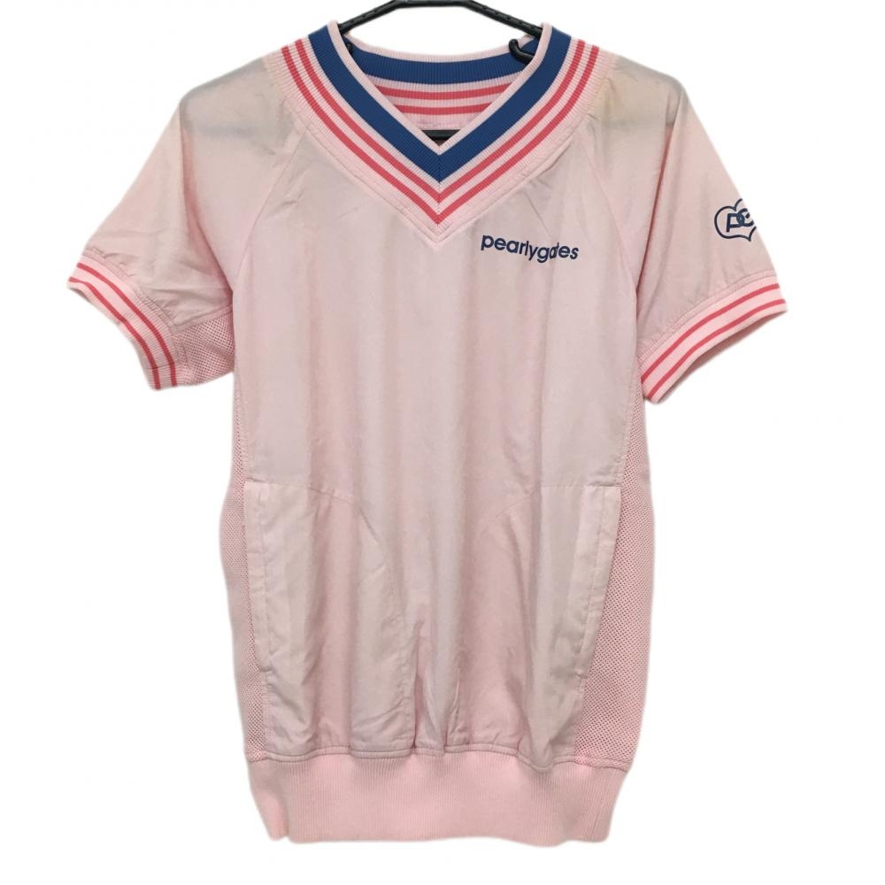 パーリーゲイツ 半袖スニード ピンク×ネイビー サイドメッシュ Vネック  レディース 1(M) ゴルフウェア PEARLY GATES