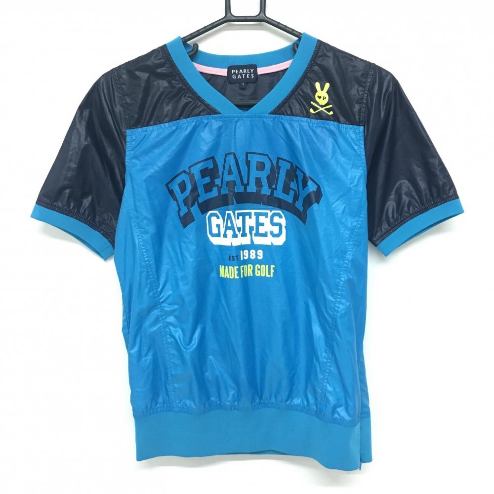 パーリーゲイツ 半袖スニード ライトブルー×ネイビー バイカラー フロントロゴ ブルゾン レディース 1(M) ゴルフウェア PEARLY GATES