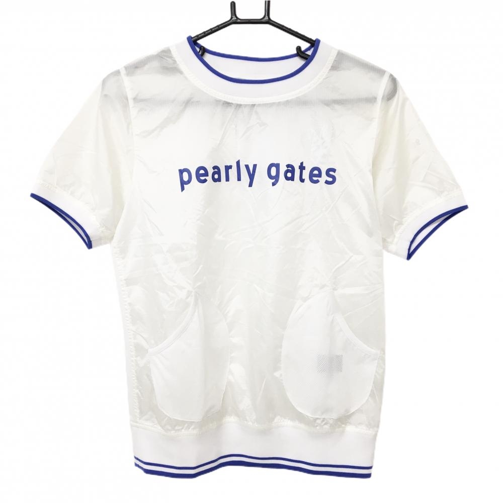 【美品】パーリーゲイツ 半袖スニード 白系×ブルー 背面メッシュ調 レディース 1(M) ゴルフウェア PEARLY GATES