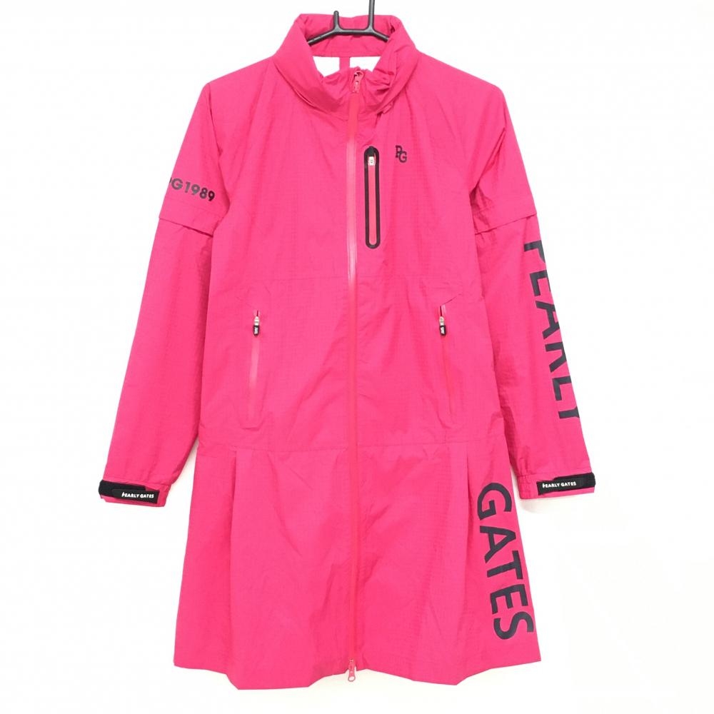 【新品】パーリーゲイツ 2WAYレインワンピース ピンク×ネイビー 地模様 袖着脱可 フード付  レディース 0(S) ゴルフウェア PEARLY GATES