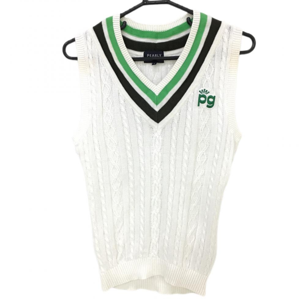 パーリーゲイツ ニットベスト 白×ライトグリーン ケーブル編み コットン100％ Vネック レディース 1(M) ゴルフウェア PEARLY GATES