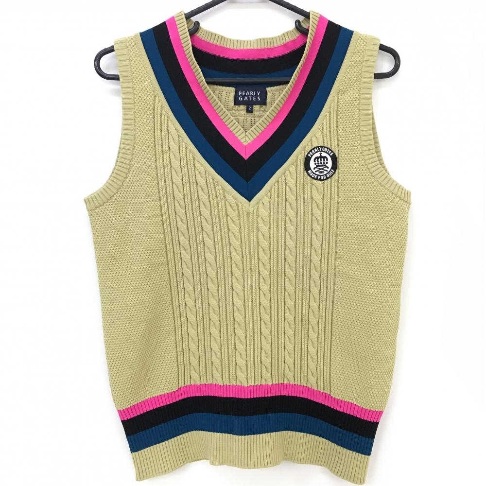 【超美品】パーリーゲイツ ニットベスト ベージュ×ピンク ケーブル編み Vネック  レディース 2(L) ゴルフウェア PEARLY GATES