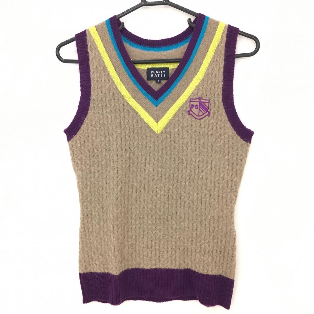 パーリーゲイツ ニットベスト ブラウン×パープル Vネック  レディース 1(M) ゴルフウェア PEARLY GATES