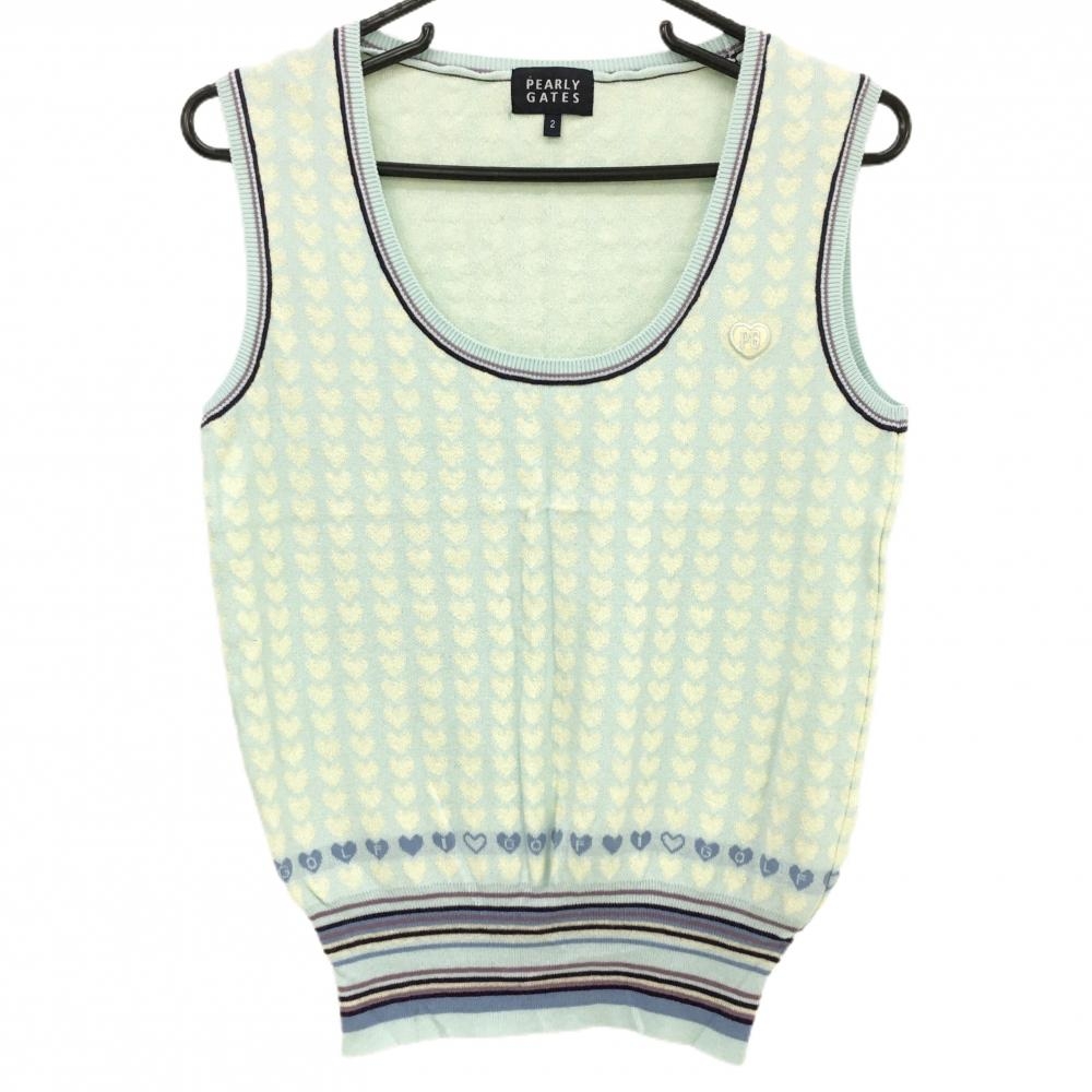 【美品】パーリーゲイツ ニットベスト ライトブルー×イエロー ハート柄 裾ボーダー レディース 2(L) ゴルフウェア PEARLY GATES