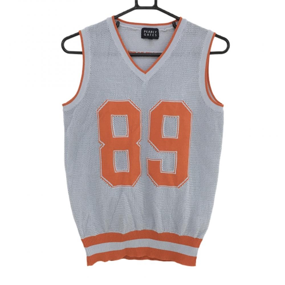 【美品】パーリーゲイツ ニットベスト グレー×オレンジ 透かし編み Vネック  レディース 1(M) ゴルフウェア PEARLY GATES