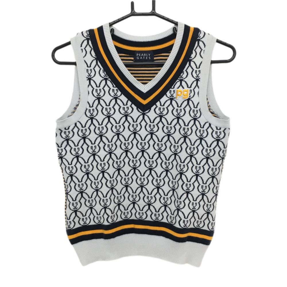 【美品】パーリーゲイツ ニットベスト グレー×ネイビー 前面ラビット柄 背面ボーダー レディース 0(S) ゴルフウェア PEARLY GATES