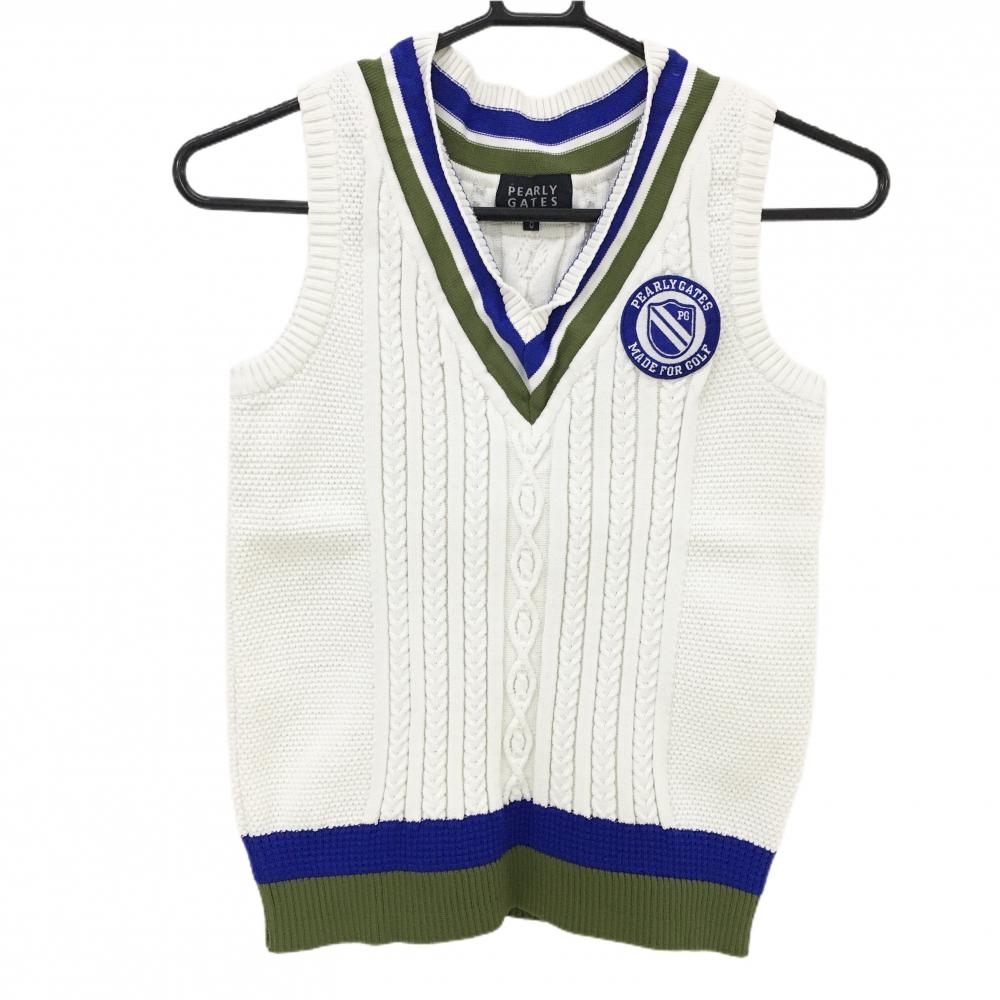 【美品】パーリーゲイツ ニットベスト 白×ブルー×カーキ Vネック  レディース 0(S) ゴルフウェア PEARLY GATES