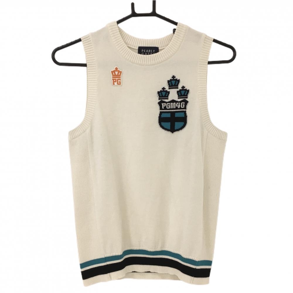 【美品】パーリーゲイツ ニットベスト 白×ブルー ウール混  レディース 0(S) ゴルフウェア PEARLY GATES