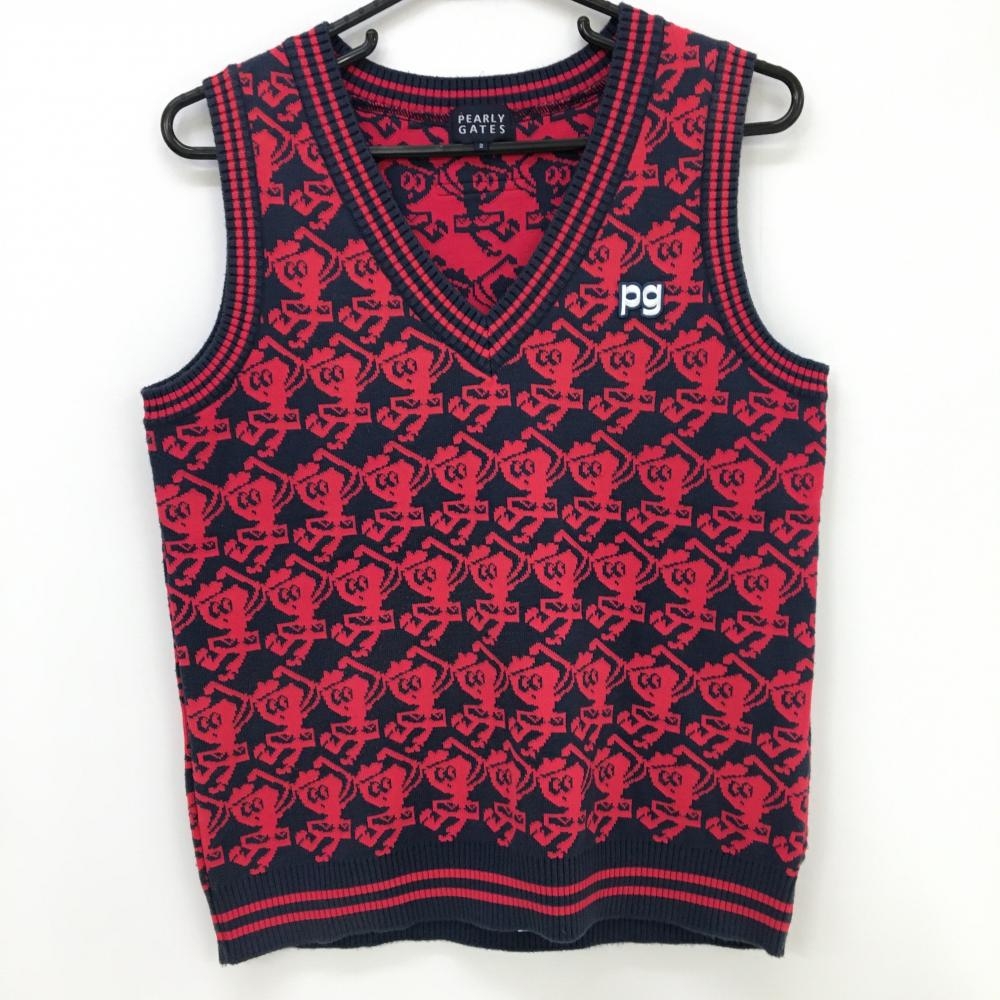 パーリーゲイツ×スポンジボブ ニットベスト ネイビー×レッド 総柄 コットン混 レディース 2(L) ゴルフウェア PEARLY GATES