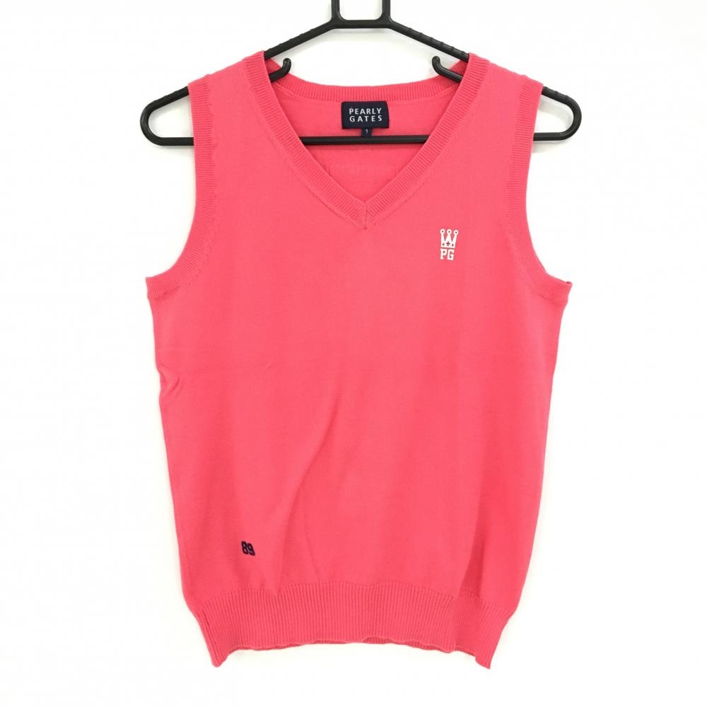 【美品】パーリーゲイツ ニットベスト ピンク Vネック コットン100％ レディース 1(M) ゴルフウェア PEARLY GATES