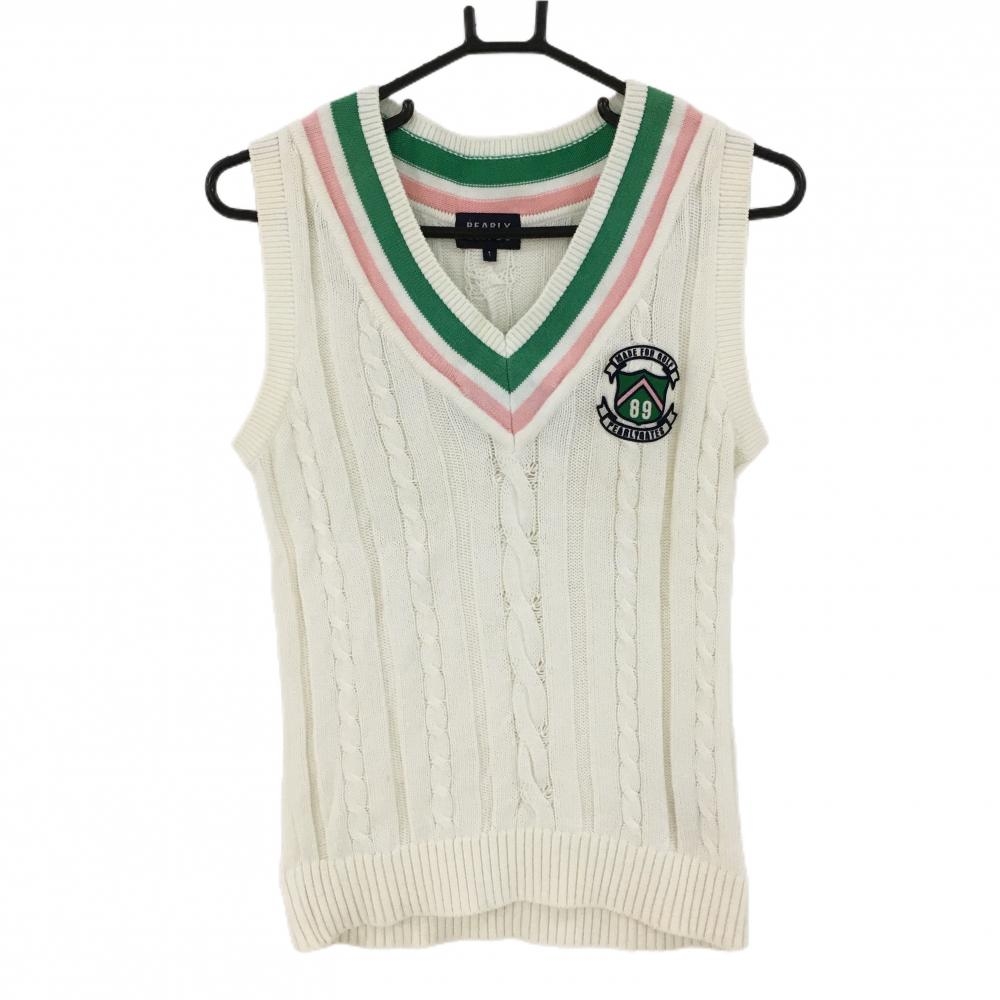 パーリーゲイツ ニットベスト 白×グリーン ケーブル編み コットン100％ レディース 1(M) ゴルフウェア PEARLY GATES