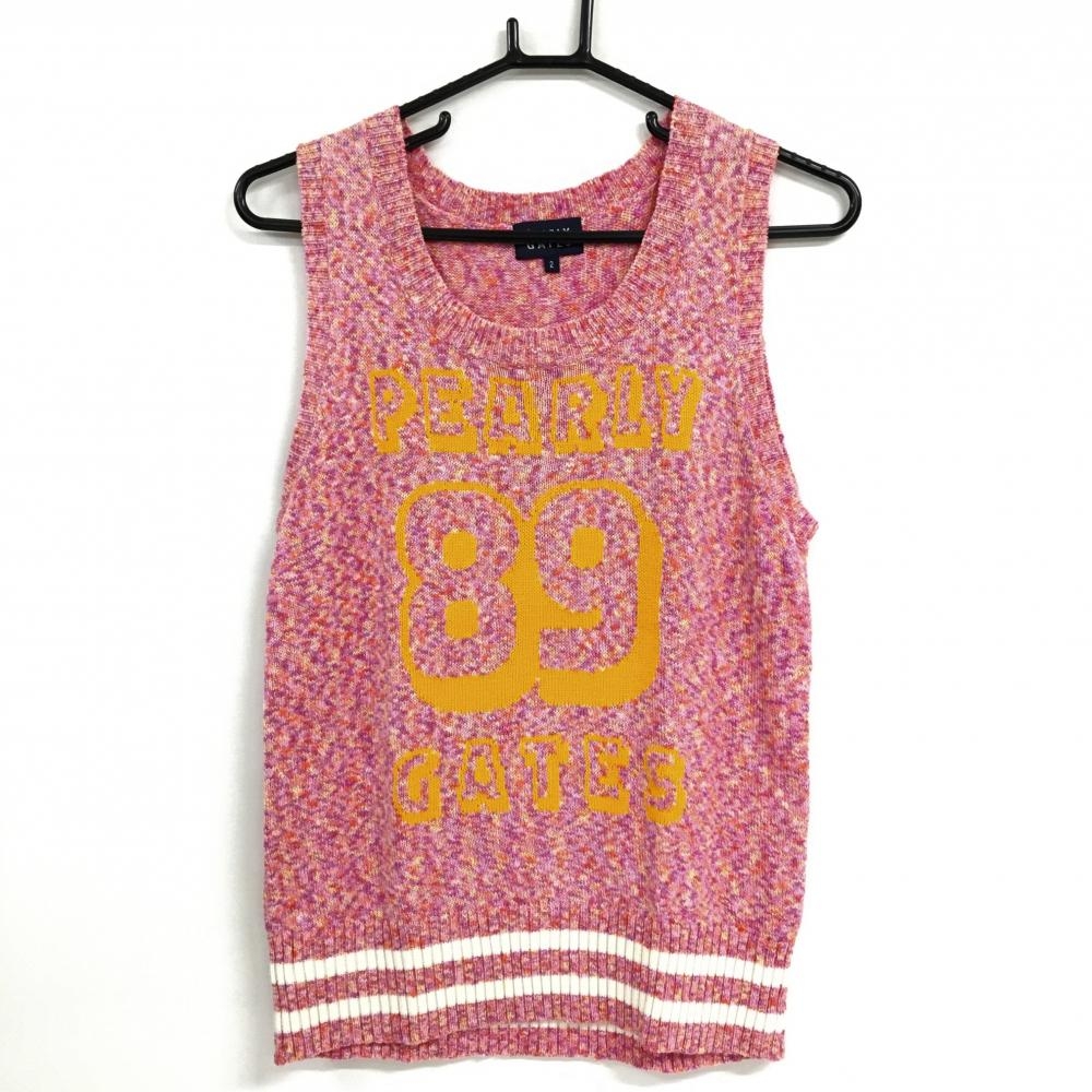 【美品】パーリーゲイツ ニットベスト パープル系×オレンジ ビッグロゴ コットン混 レディース 2(L) ゴルフウェア PEARLY GATES