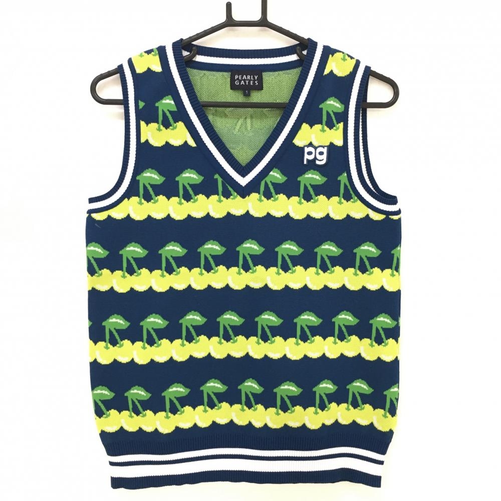 【超美品】パーリーゲイツ ニットベスト ブルー系×ライトグリーン Vネック さくらんぼ柄 レディース 1(M) ゴルフウェア PEARLY GATES
