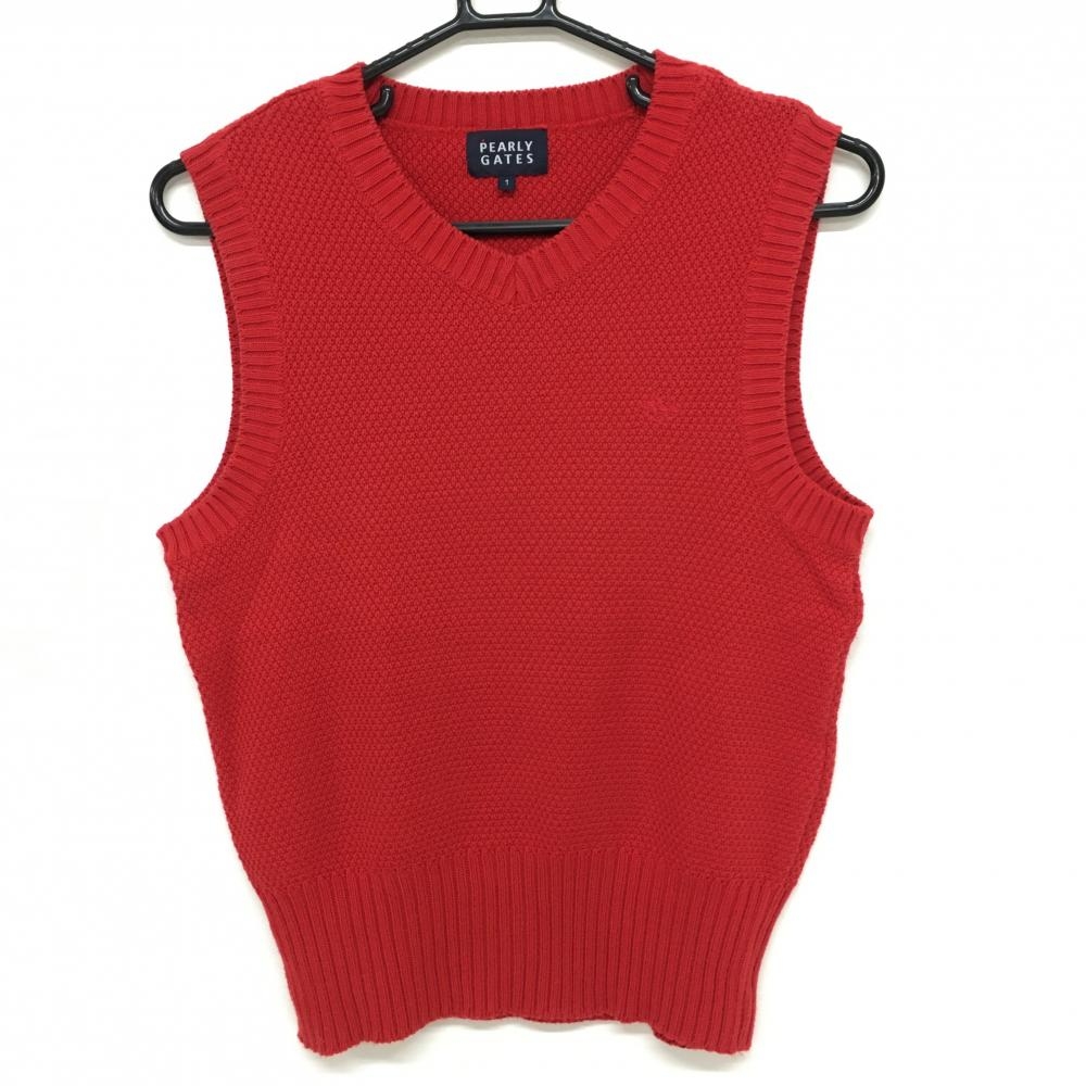 【超美品】パーリーゲイツ ニットベスト レッド 胸元ロゴ Vネック コットン混 レディース 1(M) ゴルフウェア PEARLY GATES