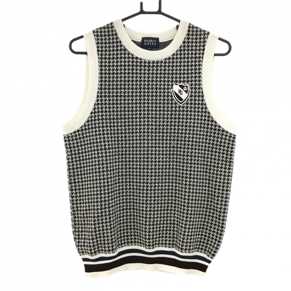 【美品】パーリーゲイツ ニットベスト ブラウン×ダークブルー系×白 千鳥格子 ウール混  レディース 2(L) ゴルフウェア PEARLY GATES