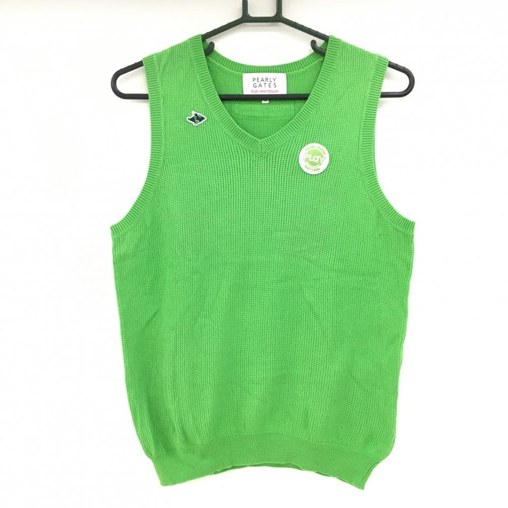 【美品】パーリーゲイツ ニットベスト ライトグリーン コットン100％ Vネック レディース 2(L) ゴルフウェア PEARLY GATES