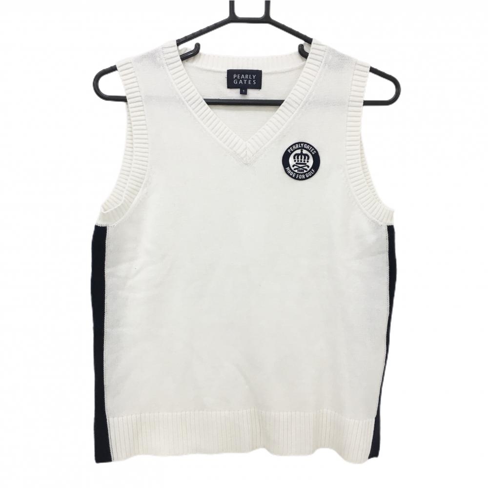 【美品】パーリーゲイツ ニットベスト 白×ネイビー Vネック ワッペン レディース 1(M) ゴルフウェア PEARLY GATES