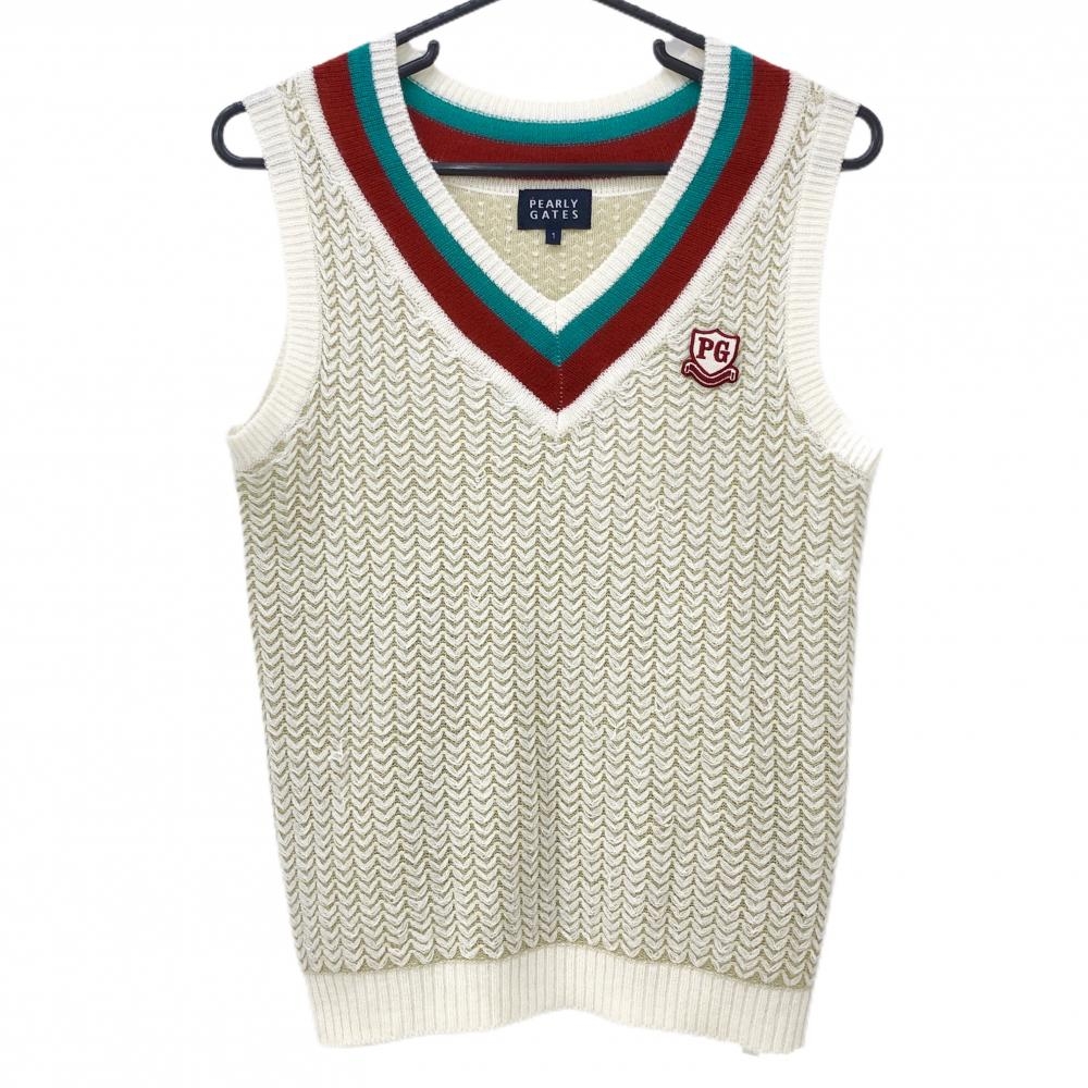 パーリーゲイツ ニットベスト 白×ベージュ 総柄 ウール混 Vネック  レディース 1(M) ゴルフウェア PEARLY GATES