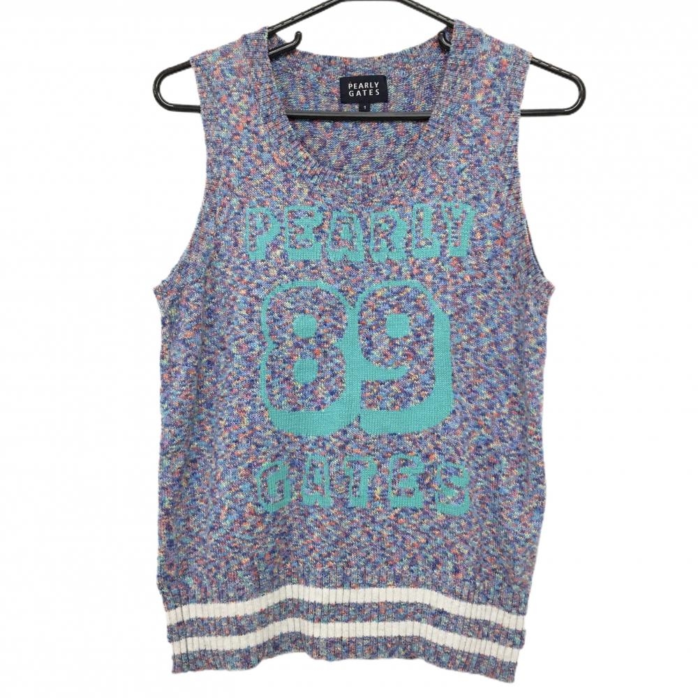 【超美品】パーリーゲイツ ニットベスト マルチカラー 総柄 ロゴブルーグリーン レディース 1(M) ゴルフウェア PEARLY GATES