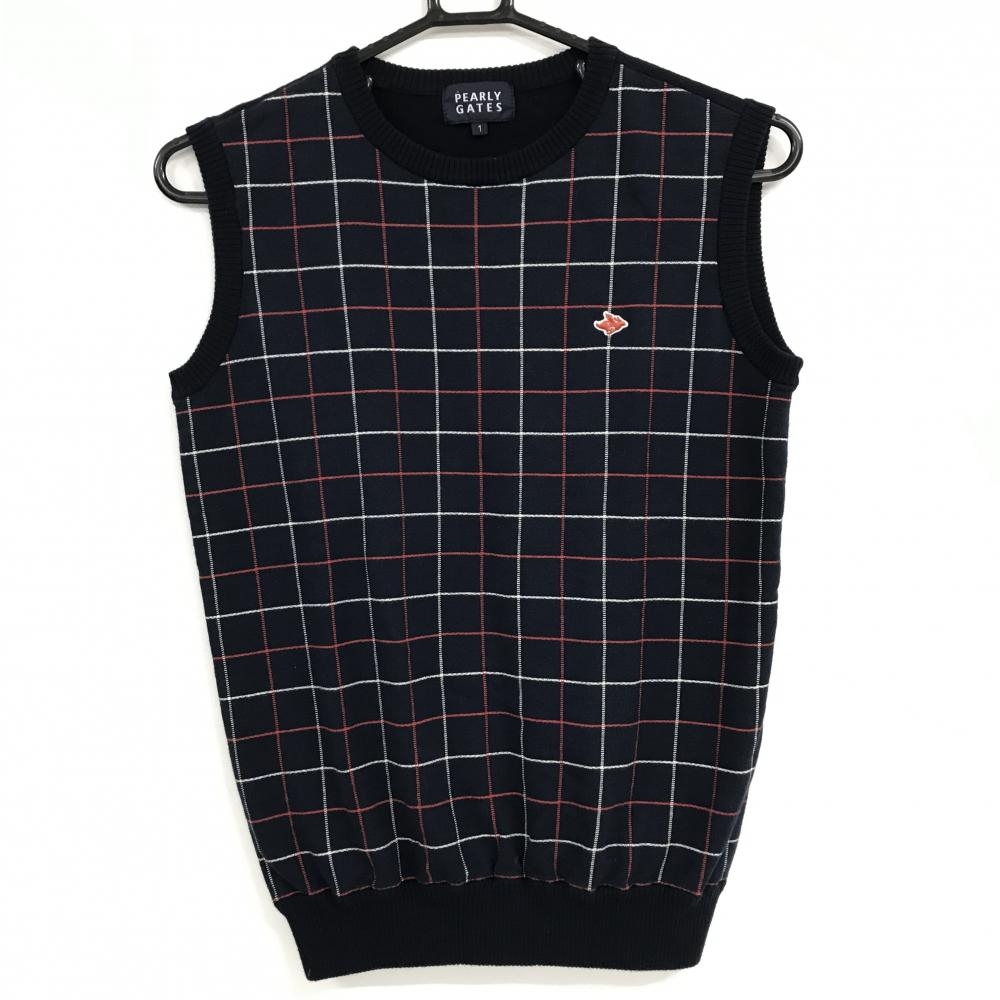 【美品】パーリーゲイツ ニットベスト ネイビー×レッド×白 格子柄  レディース 1(M) ゴルフウェア PEARLY GATES