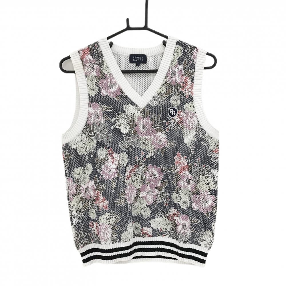 【美品】パーリーゲイツ ニットベスト ネイビー×ピンク×白 Vネック 花柄 レディース 1(M) ゴルフウェア PEARLY GATES