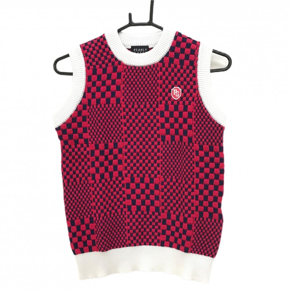 【美品】パーリーゲイツ ニットベスト レッド系×ネイビー ブロックチェック編み  レディース 1(M) ゴルフウェア PEARLY GATES