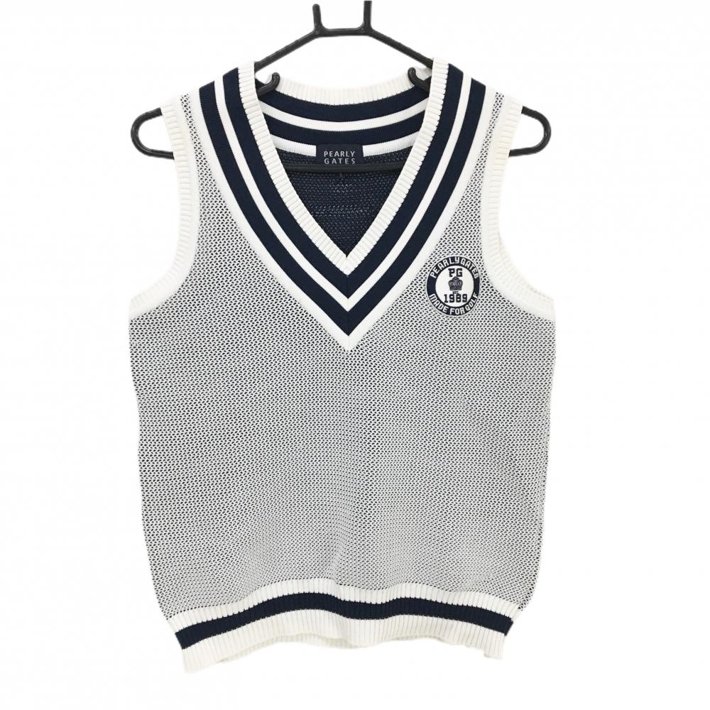 パーリーゲイツ ニットベスト 白×ネイビー Vネック ロゴ刺しゅう  レディース 1(M) ゴルフウェア PEARLY GATES
