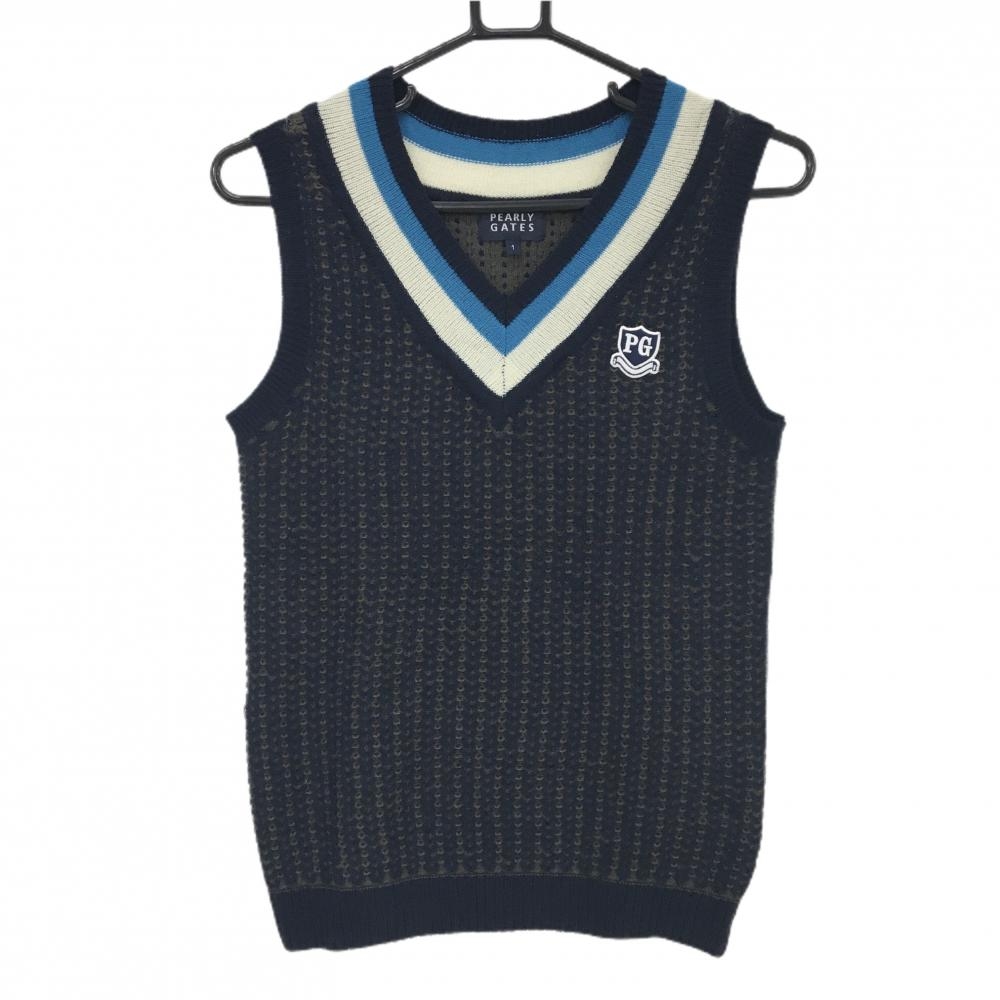【美品】パーリーゲイツ ニットベスト ネイビー×カーキ 総柄編み ウール混 Vネック  レディース 1(M) ゴルフウェア PEARLY GATES