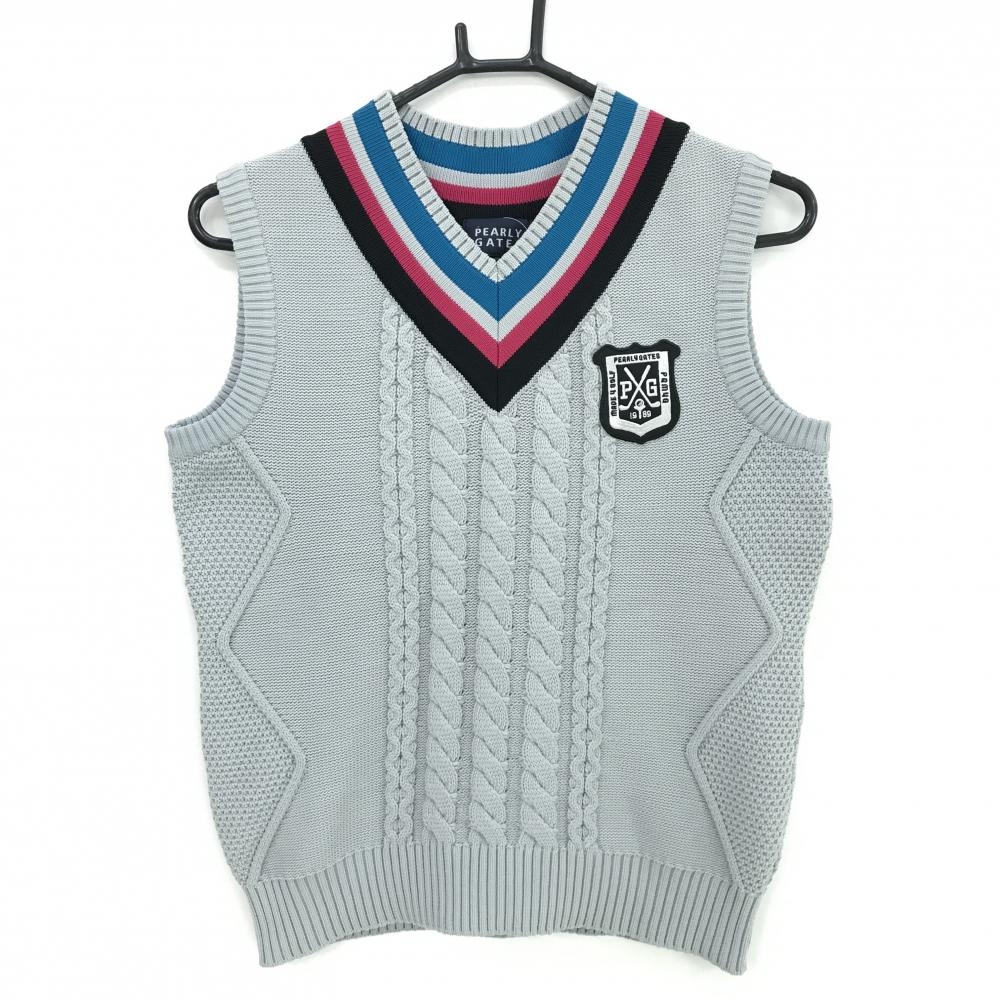 【超美品】パーリーゲイツ ニットベスト ライトグレー×黒×ピンク 一部ケーブル編み Vネック レディース 0(S) ゴルフウェア PEARLY GATES