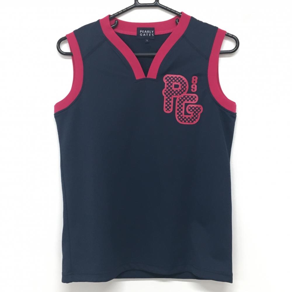 【美品】パーリーゲイツ ベスト ネイビー×ピンク ロゴプリント 裾ドローコード レディース 1(M) ゴルフウェア PEARLY GATES