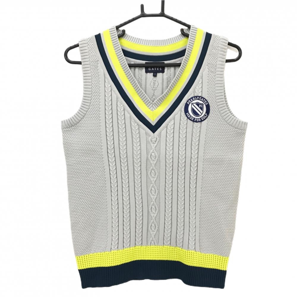 【超美品】パーリーゲイツ ニットベスト グレー×ネイビー ケーブル編み Vネック レディース 1(M) ゴルフウェア サンプル品 PEARLY GATES