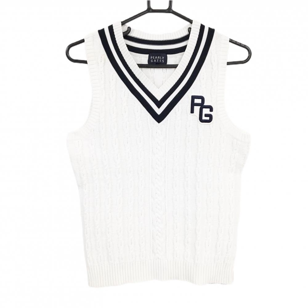 【超美品】パーリーゲイツ ニットベスト 白×ネイビー ケーブル編み Vネック レディース 1(M) ゴルフウェア PEARLY GATES