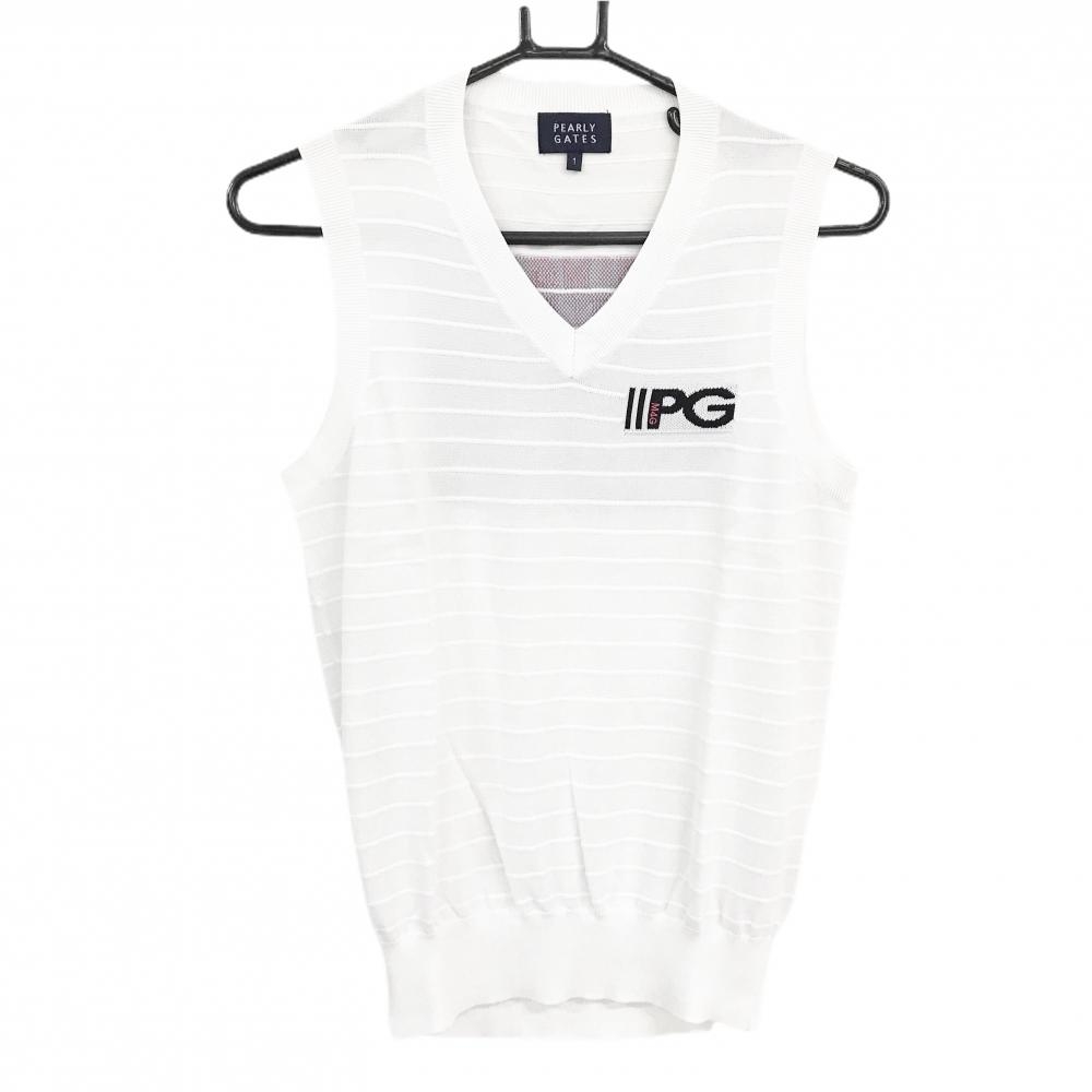 【超美品】パーリーゲイツ ニットベスト 白×グリーン バックロゴ ボーダー地模様  レディース 1(M) ゴルフウェア PEARLY GATES
