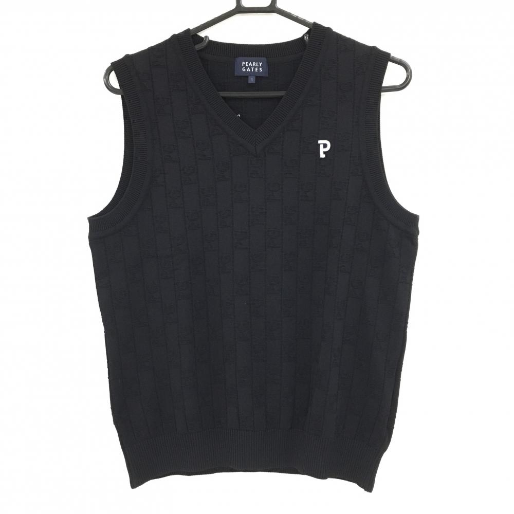 【超美品】パーリーゲイツ ニットベスト 黒 ロゴ総柄 バックロゴ コットン混 レディース 1(M) ゴルフウェア PEARLY GATES