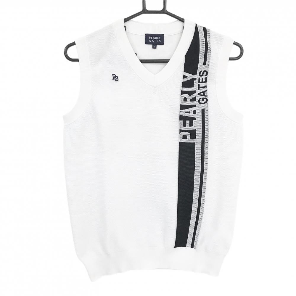 パーリーゲイツ ニットベスト 白×ネイビー フロントロゴ  レディース 1(M) ゴルフウェア PEARLY GATES