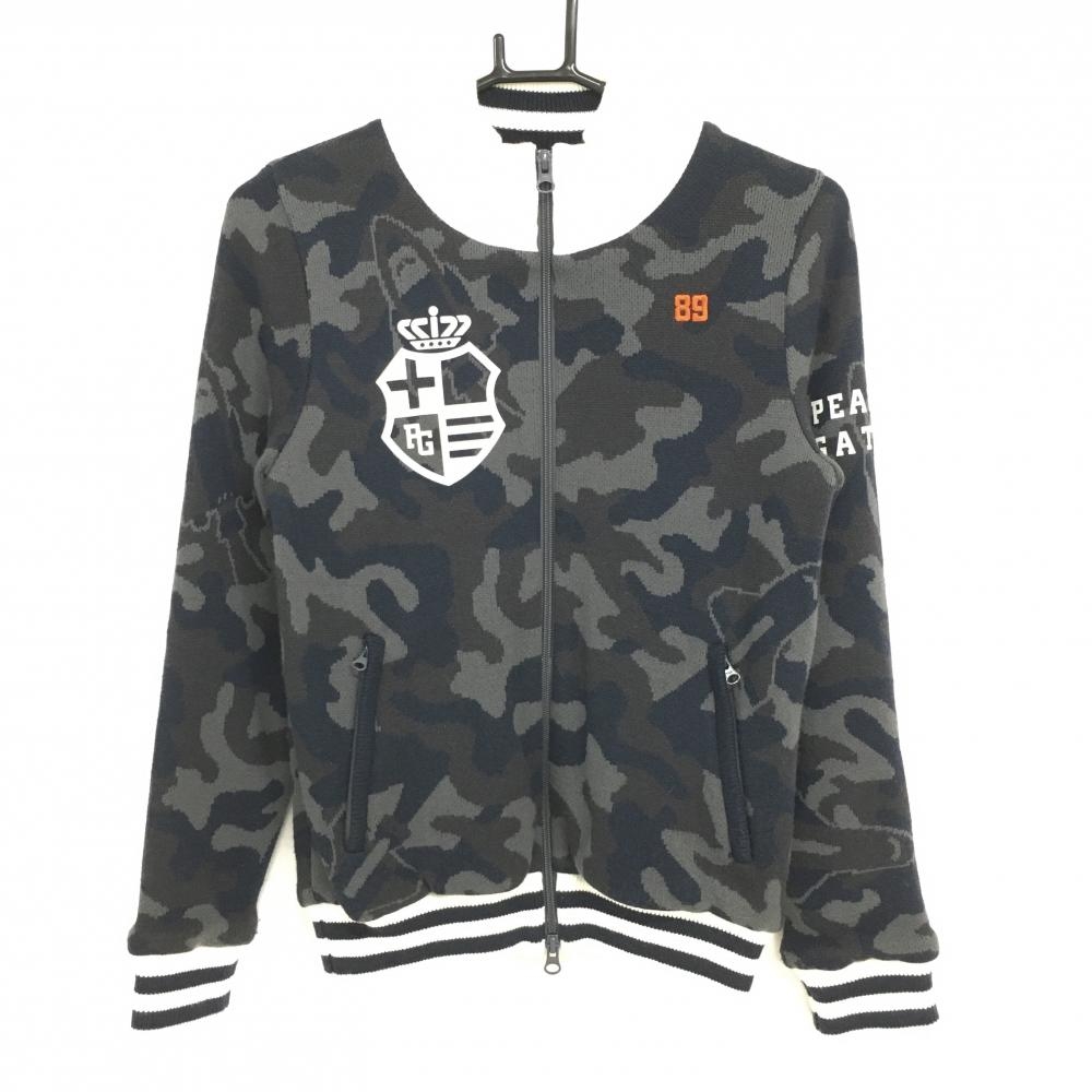 【超美品】パーリーゲイツ ニットジャケット グレー×ネイビー 迷彩 カモフラ ロケット柄  レディース 0(S) ゴルフウェア PEARLY GATES