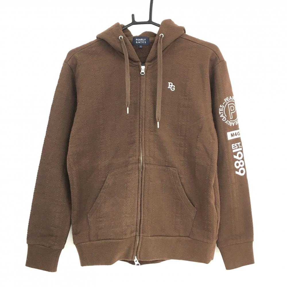 【超美品】パーリーゲイツ ジップパーカー ブラウン×白 チェック織生地 レディース 1(M) ゴルフウェア 2023年モデル PEARLY GATES