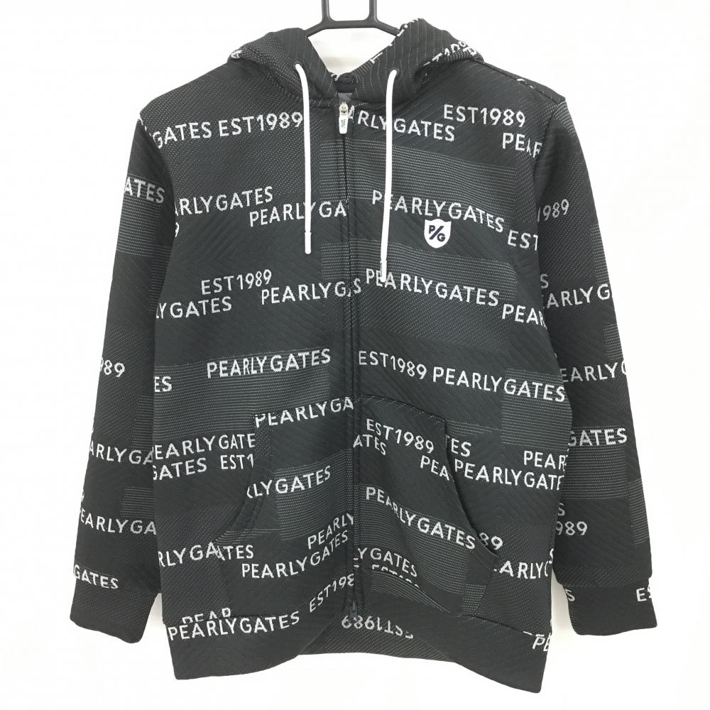 【超美品】パーリーゲイツ ジップパーカー 黒×白 ロゴ総柄 ダンボールニット レディース 1(M) ゴルフウェア 2023年モデル PEARLY GATES