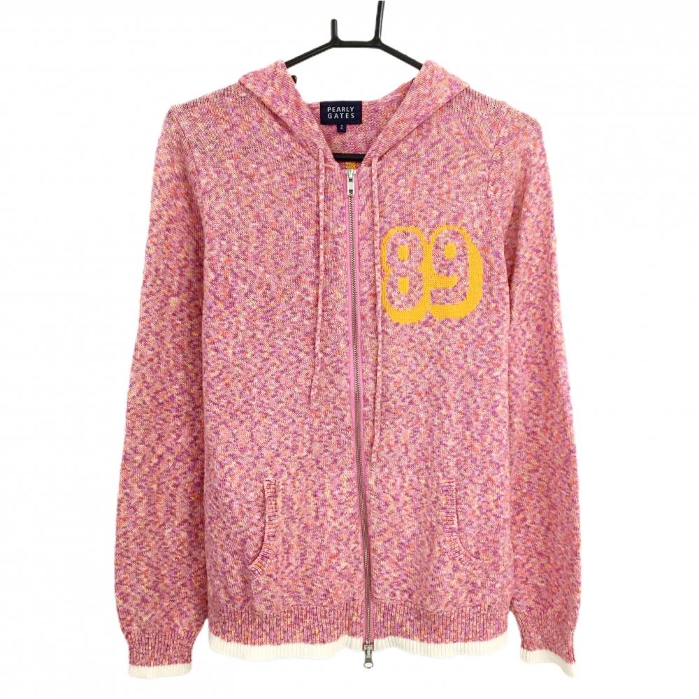 【美品】パーリーゲイツ ニットジップパーカー パープル系×オレンジ コットン混 後ビッグロゴ レディース 2(L) ゴルフウェア PEARLY GATES