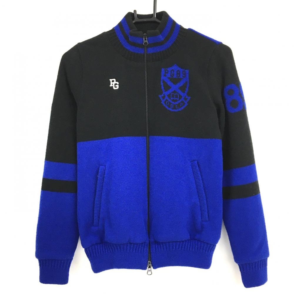 【美品】パーリーゲイツ ニットジャケット  黒×ブルー ダブルジップ 裏地付き ウール混  レディース 0(S) ゴルフウェア PEARLY GATES