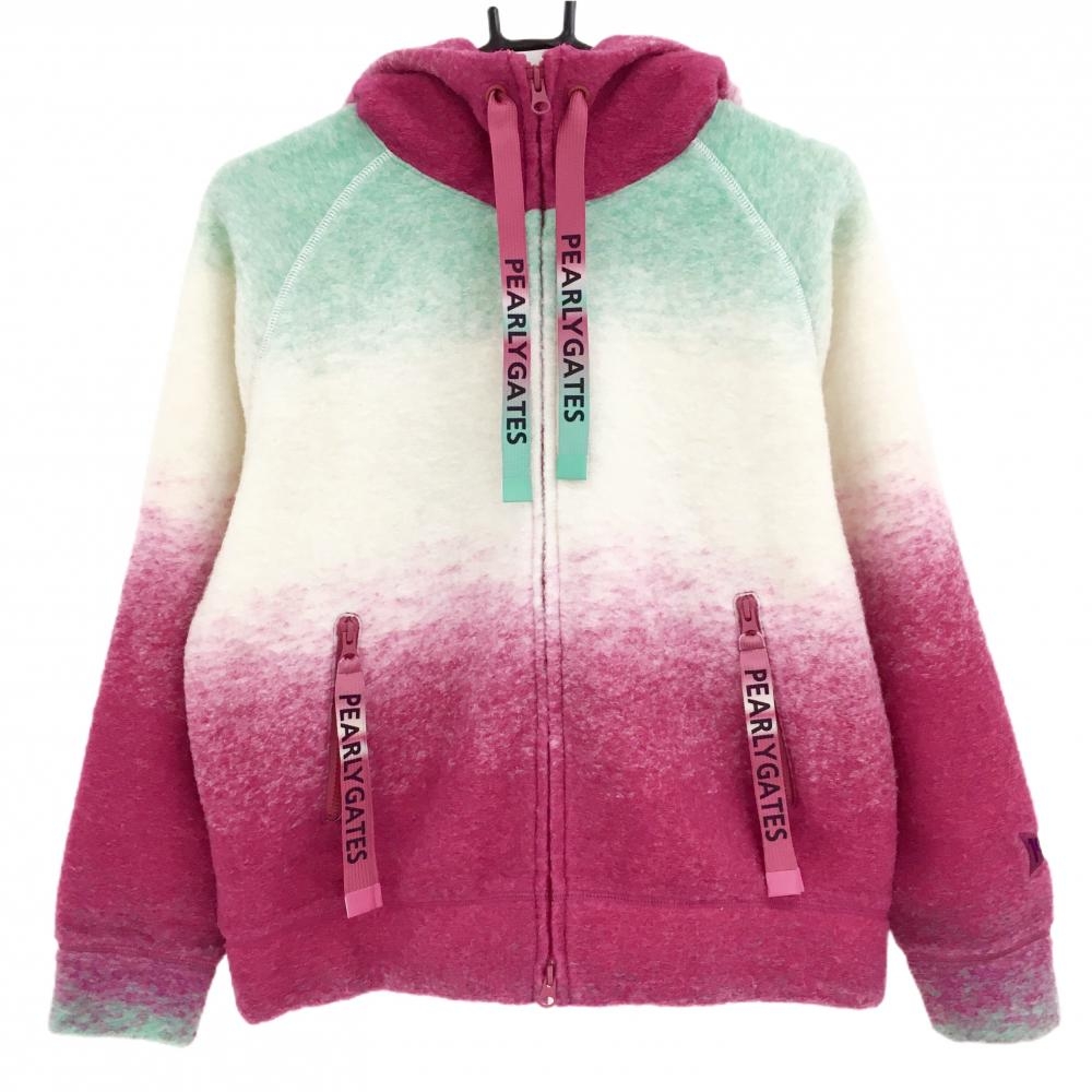 【超美品】パーリーゲイツ ボアジップパーカー 白×ピンク×ライトグリーン レディース 0(S) ゴルフウェア 2023年モデル PEARLY GATES