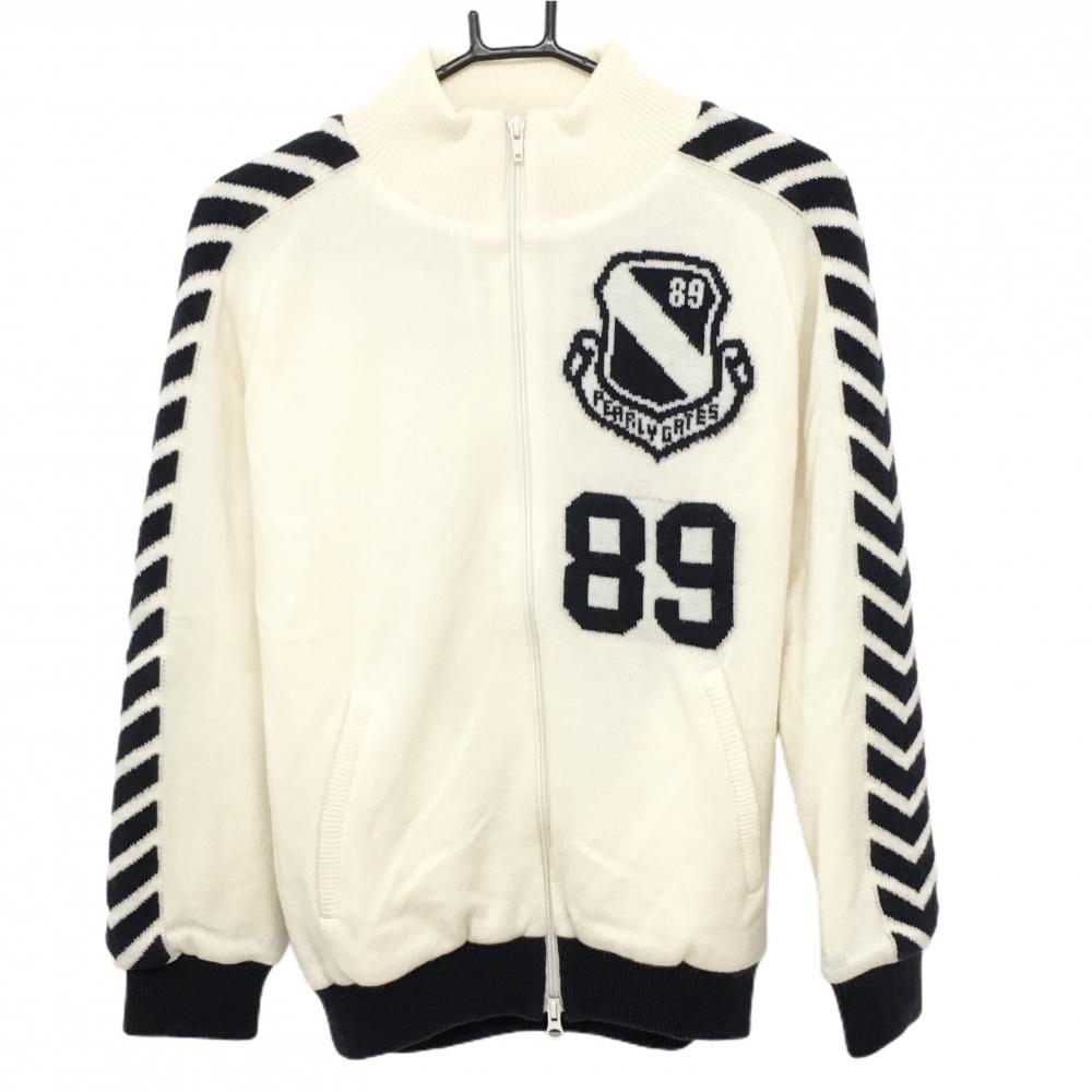 【美品】パーリーゲイツ ニットジャケット アイボリー×ネイビー ダブルジップ レディース 0(S) ゴルフウェア PEARLY GATES