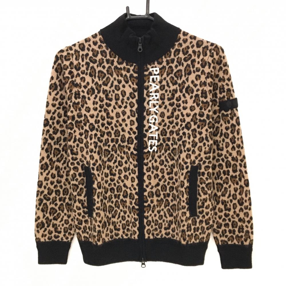 【新品】パーリーゲイツ ニットジャケット ライトブラウン×黒 レオパード柄 カシミヤ混 レディース 0(S) ゴルフウェア PEARLY GATES