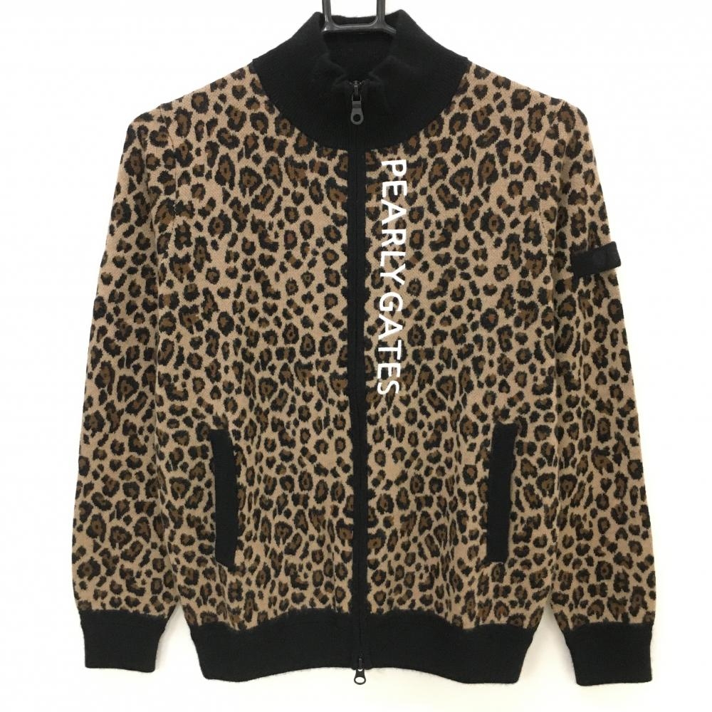 【新品】パーリーゲイツ ニットジャケット リベージュ系×黒 レオパード柄 ロゴ白 カシミヤ混 レディース 1(M) ゴルフウェア PEARLY GATES