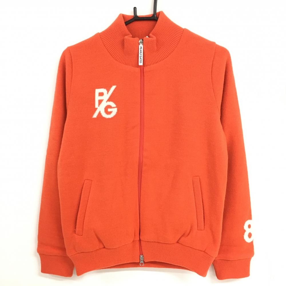 【新品】パーリーゲイツ ニットジャケット オレンジ×白 バックロゴ 裏地ロゴ総柄  レディース 2(L) ゴルフウェア PEARLY GATES